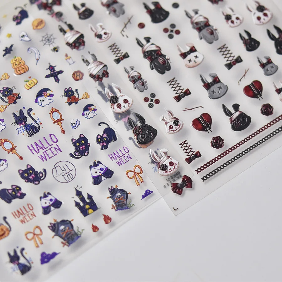 1pcs 5D Cartoon Cat Rabbit Nail Art Sticker Kawaii Adhesive Cute Relief Halloween Series Manicure Decals Decorations Accessories