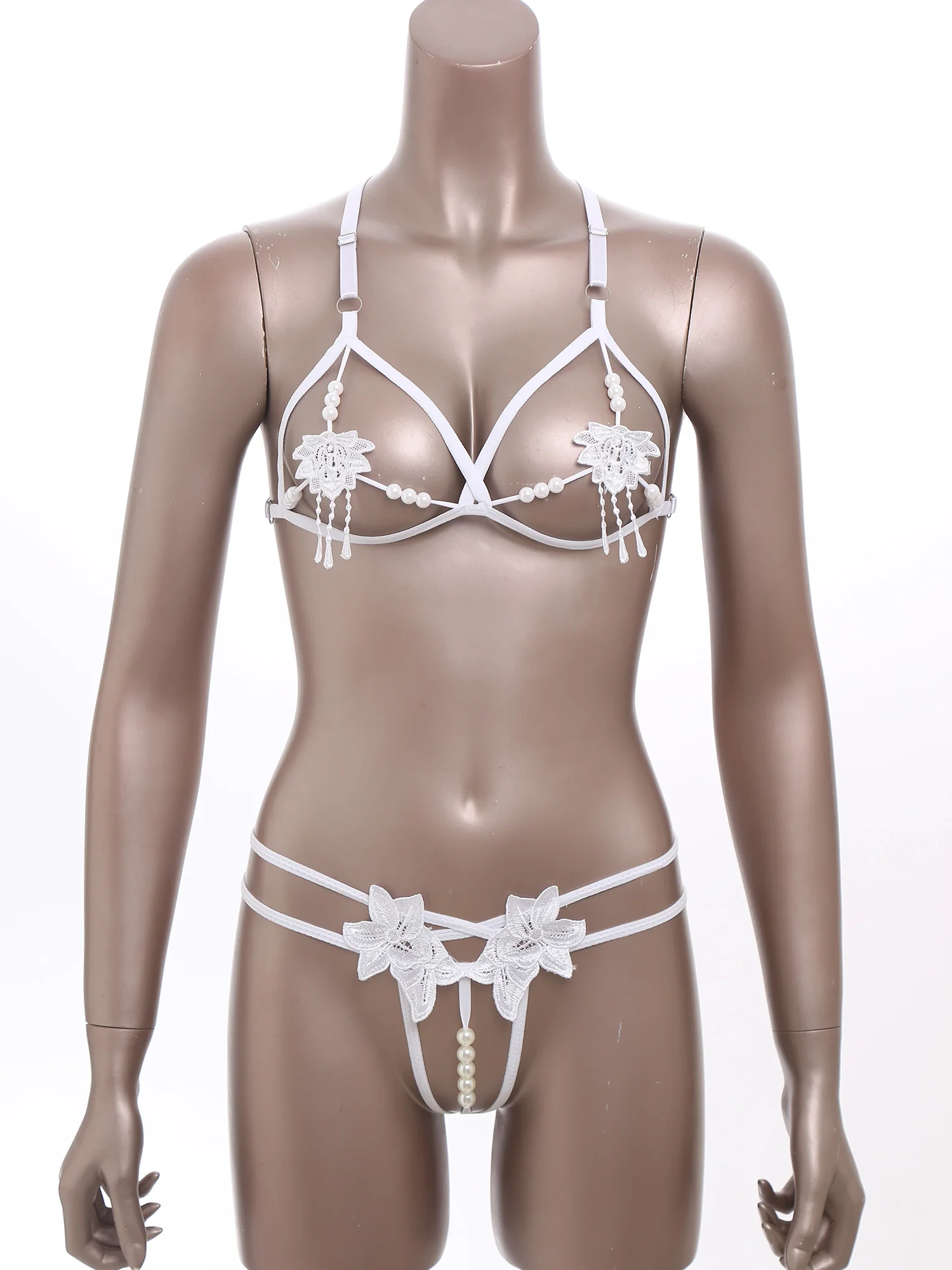 

Женский соблазнительный комплект микро нижнего белья с цветочной нашивкой из искусственного жемчуга для стимулирования массажа, полый бюстгальтер и стринги с Т-образной спинкой, соблазнительные комплекты