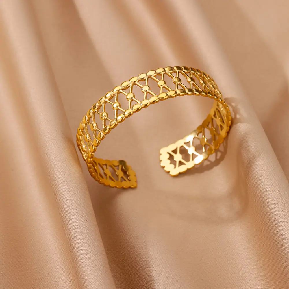 Gold Color Hollow Mesh Openning Bracelet Stainless Steel Cross Bangles Bracelet Punk Women'sJewelry Accessories