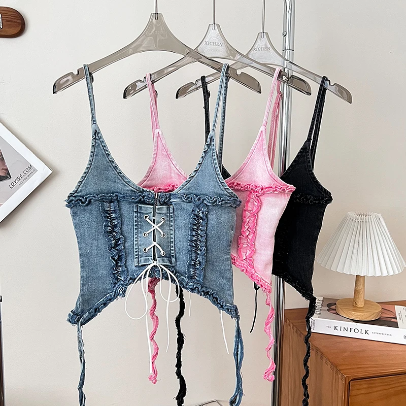 

Женские подтяжки Design Sense, сексуальный облегающий короткий джинсовый жилет на подтяжках с перекрестными ремешками, топ с кисточками и рюшами