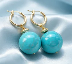12MM Natural Blue Turquoise Round Gemstone Beads Gold Earrings Halloween Classic Diy Lucky Hook Cultured VALENTINE'S DAY Women