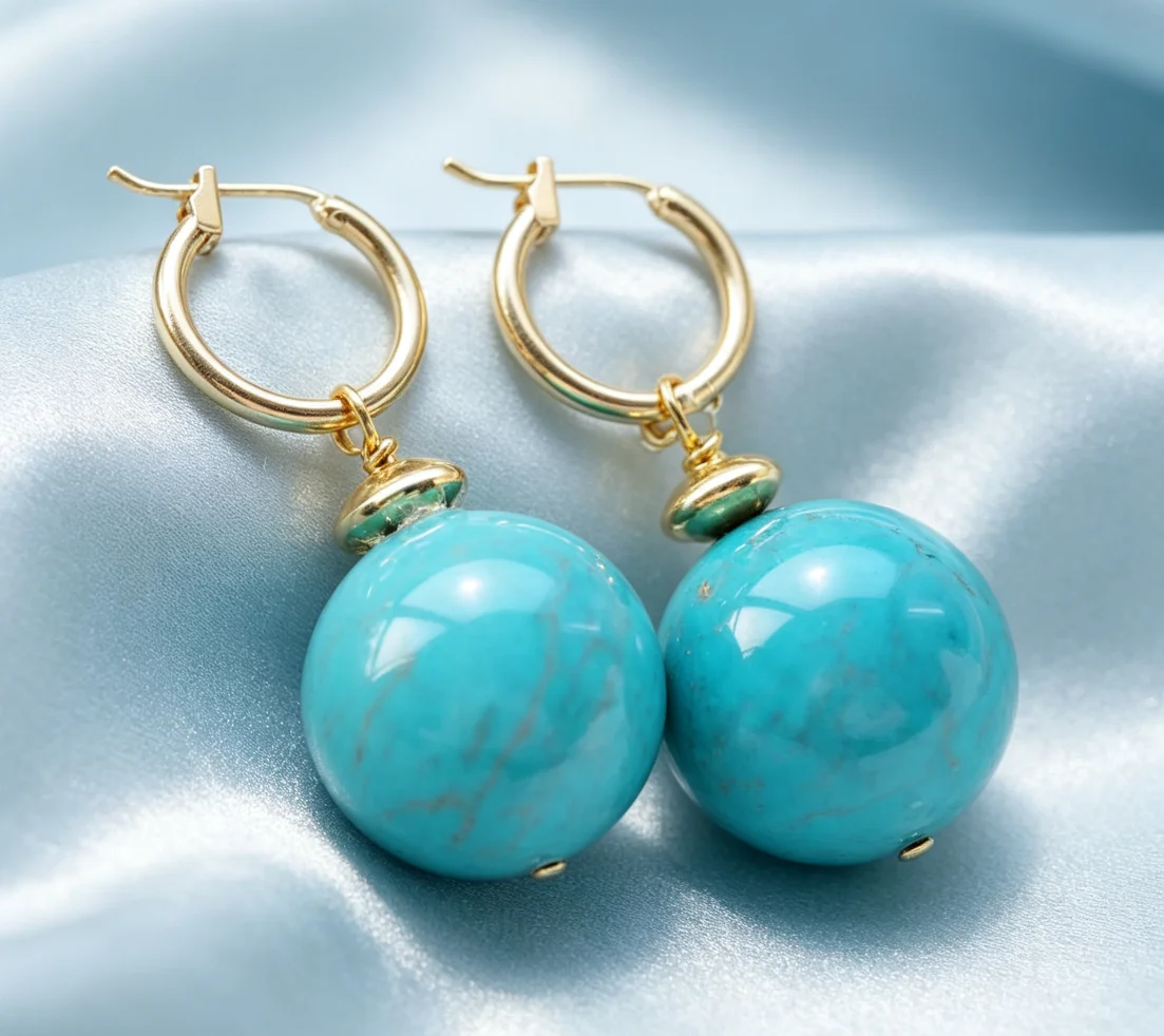12MM Natural Blue Turquoise Round Gemstone Beads Gold Earrings Halloween Classic Diy Lucky Hook Cultured VALENTINE'S DAY Women