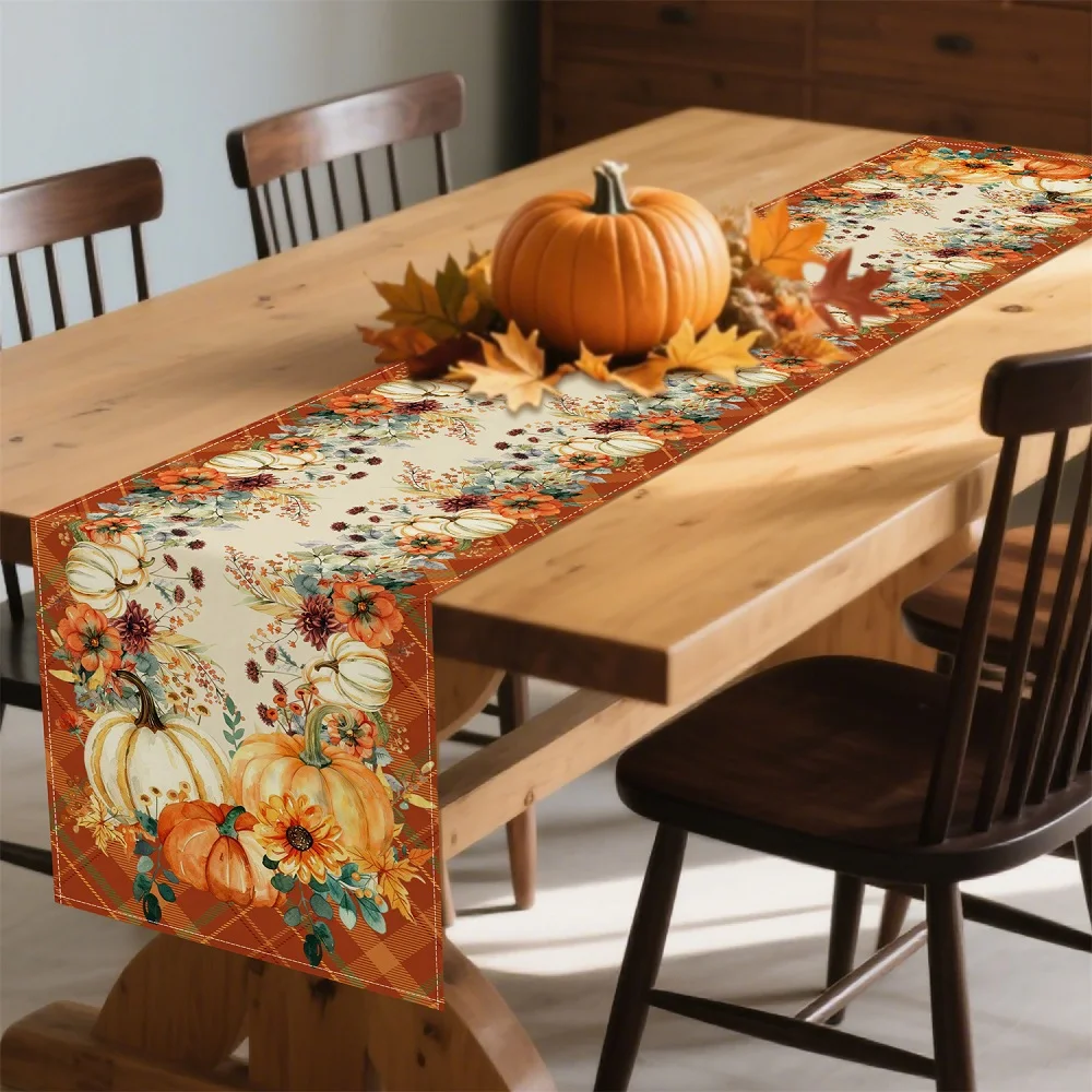 Autumn Table Runner Floral and Pumpkin Pattern Dresser Scarves Table Cover for Dining Room Kitchen Home Banquet Decoration