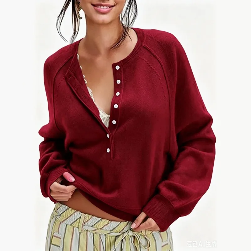 Casual Solid Color Women Henley Neck Half Button Sweatshirt Long Sleeve Loose Cropped Pullover Multi Color Daily Streetwear Tops