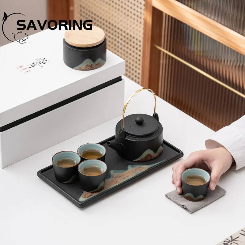 

Retro Rough Pottery Glaze Ceramics Tea Set Painting Mountain Lifting Beam Pot Tea Tray Kung Fu Tea Set Tea Ceremony Gift Box