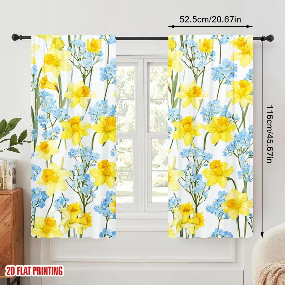 2pcs,2D plane printing Print Curtains Yellow Daffodils and Forget-Me-Nots Durable 100% Polyester Fabric (without rod) All