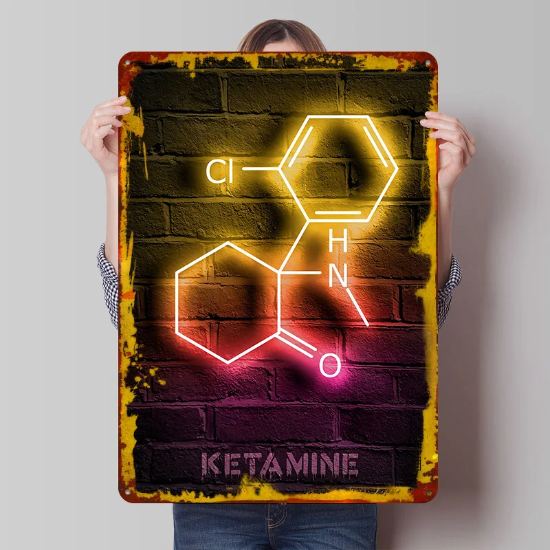 Ketamine Neon Molecule Tinplate Poster Customized Wall Art Vintage Retro Metal Signs for Living Room Decoration Man Cave Decor