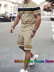 New Summer Men's Sportswear Stripe Sets Short-sleeved T-shirt Suit Oversized Shorts Training Two-piece Outfit Male Clothes