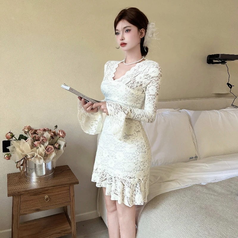 MiiiiX French Elegant Sexy Hollow Lace Spliced Dress Women 2024 Autumn Waist V-neck Short Ruffled Bottoming Dress Female Clothes