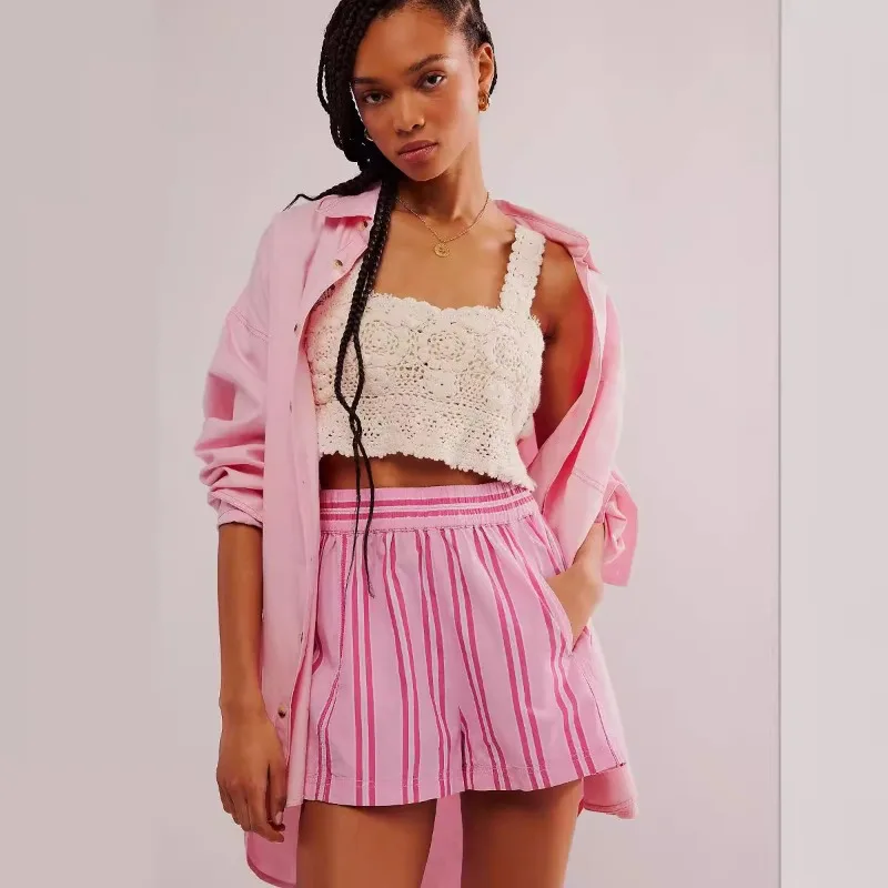 

Women's 2025 Summer Y2K Loose Shorts - High Waist Striped Casual Hot Pants, Comfortable Elastic Waist Streetwear