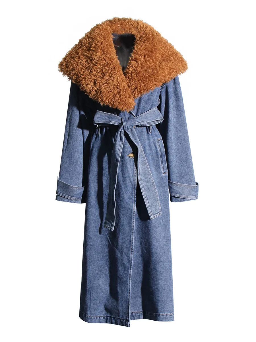 Colorblock Patchwork Lace Up Denim Coat For Women Fur Collar Long Sleeve Spliced Pockets Chic Trench Female Fashion