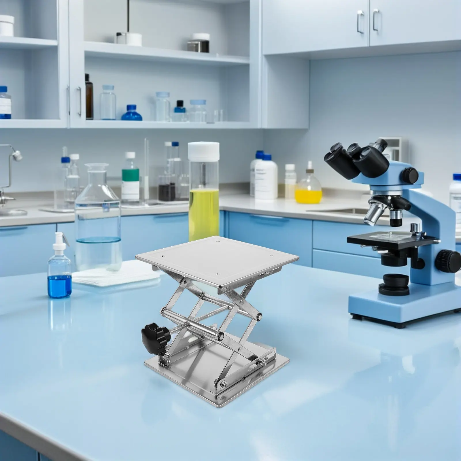 Manual Laboratory Lift Platform Stainless Steel Adjustable Scissor Jack Stand 200x200mm Compact Space Saving Design for Tight