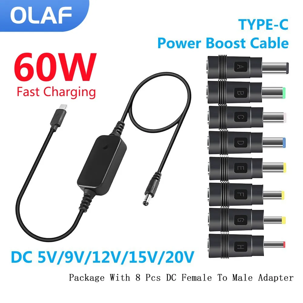 Type C Boost Cable DC 5V/9V/12V/15V/20V Converter 60W Fast Charging Power Bank To Wifi Cable Connector for Wifi Router Modem Fan