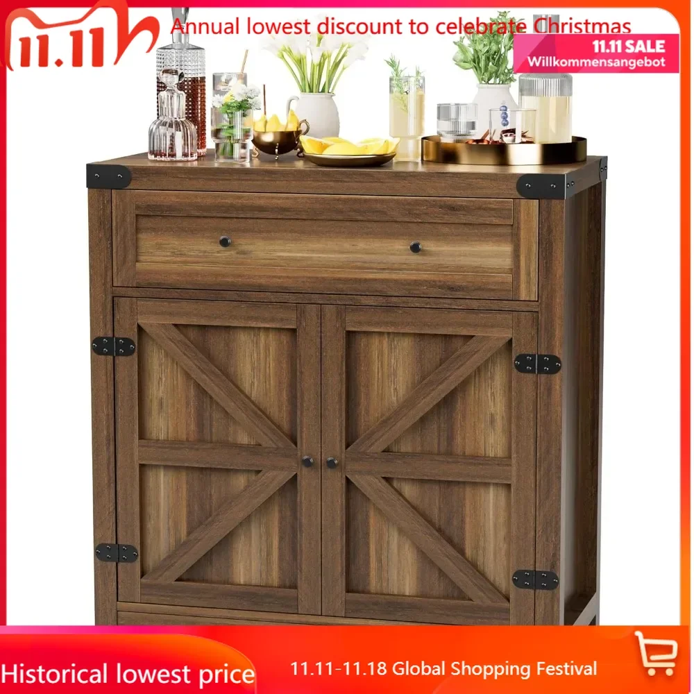 

Coffee Bar Cabinet Farmhouse Kitchen Sideboard Buffet Cabinet with Drawer and Adjustable Shelf Barn Door Storage Cabinet