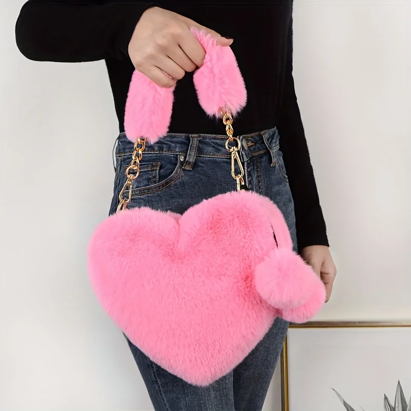 

Luxury Faux Fur Heart-shaped Women Small Handbags Fluffy Plush Ladies Chain Shoulder Bag Fashion Female Furry Daily Clutch Purse