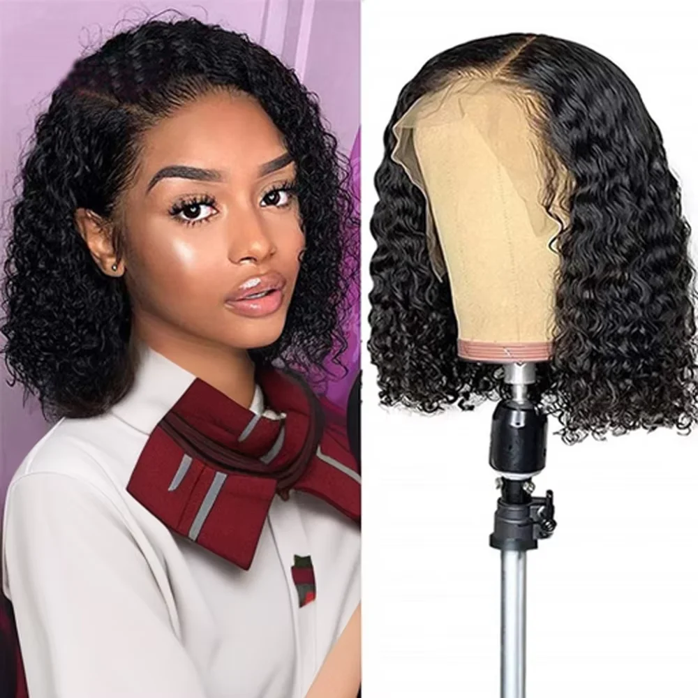 Mamushow-Peluca de cabello humano brasileño para mujeres negras, pelo corto y rizado con ondas profundas, malla Frontal 13x4, 200% de densidad