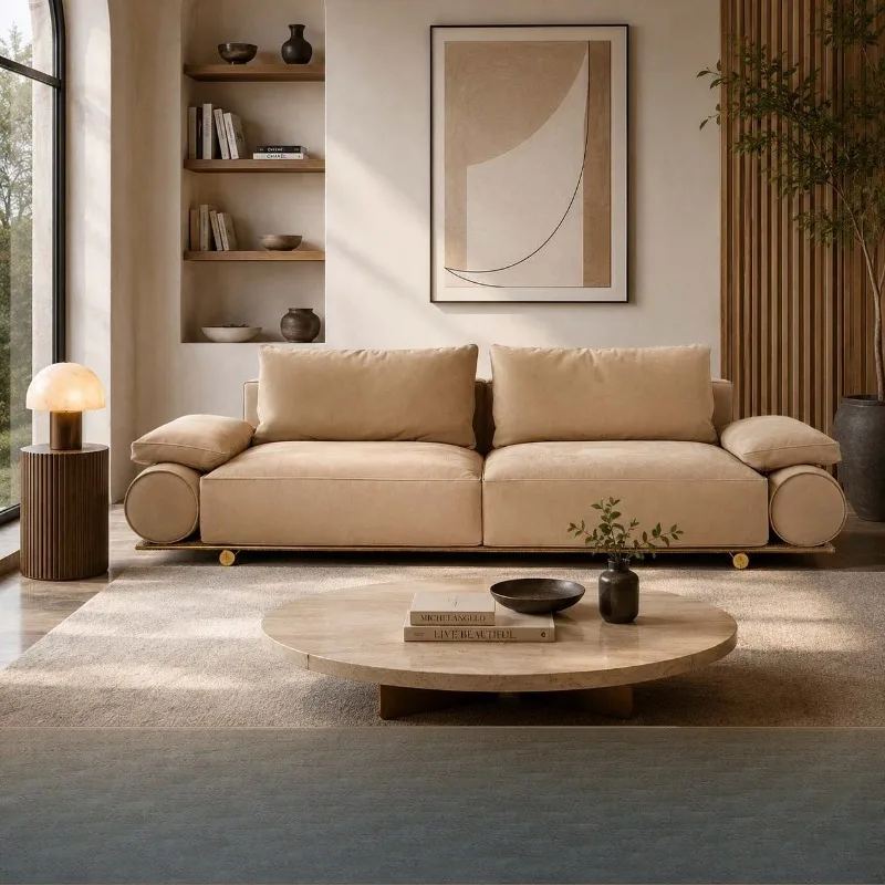 Italian light luxury matte leather sofa, living room high-end villa large flat floor