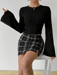 Grasping hair, casual and fashionable long sleeved round neck t-shirt, buttocks, slim fit half skirt set, women's clothing