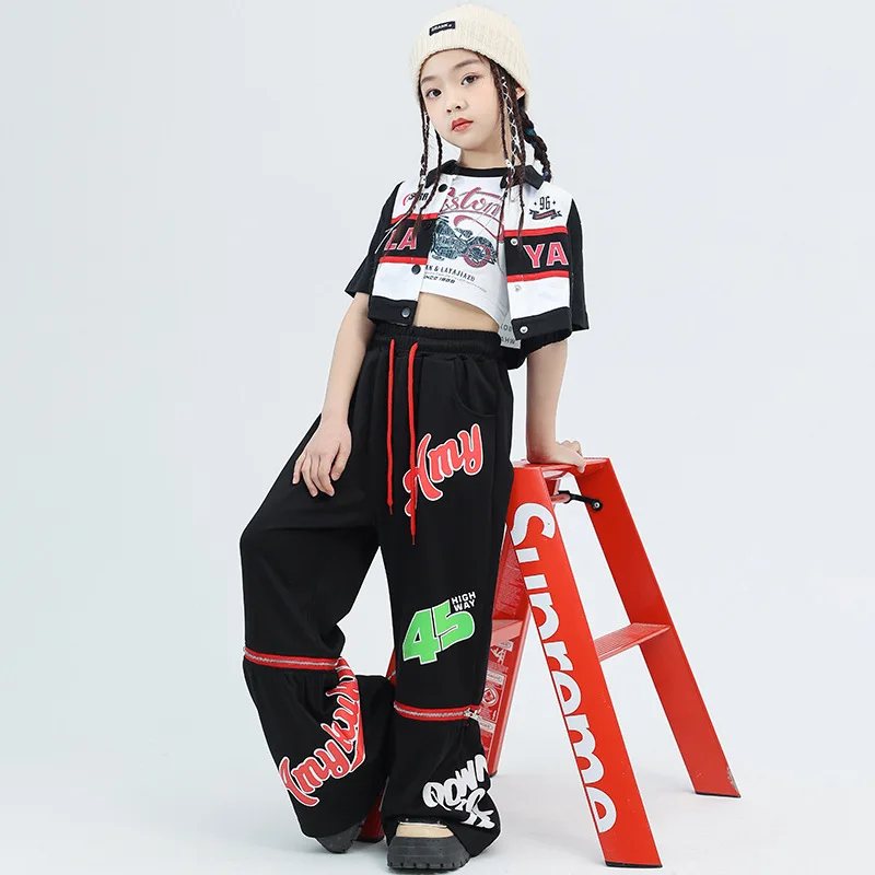 Streetwear Dance Costume Kids Lapel Patchwork Motorcycle Jackets Letter Print Black Flared Pants 2pcs Hip Hop Costumes for Girls