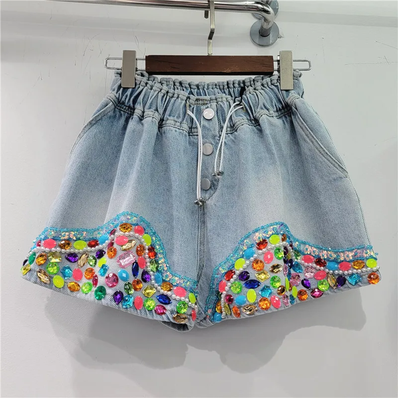 Heavy Industry Inlaid Color Diamond Beaded Short Jeans Women's High Waist Slimming Wide-Leg Denim Shorts 2023 New Summer Shorts