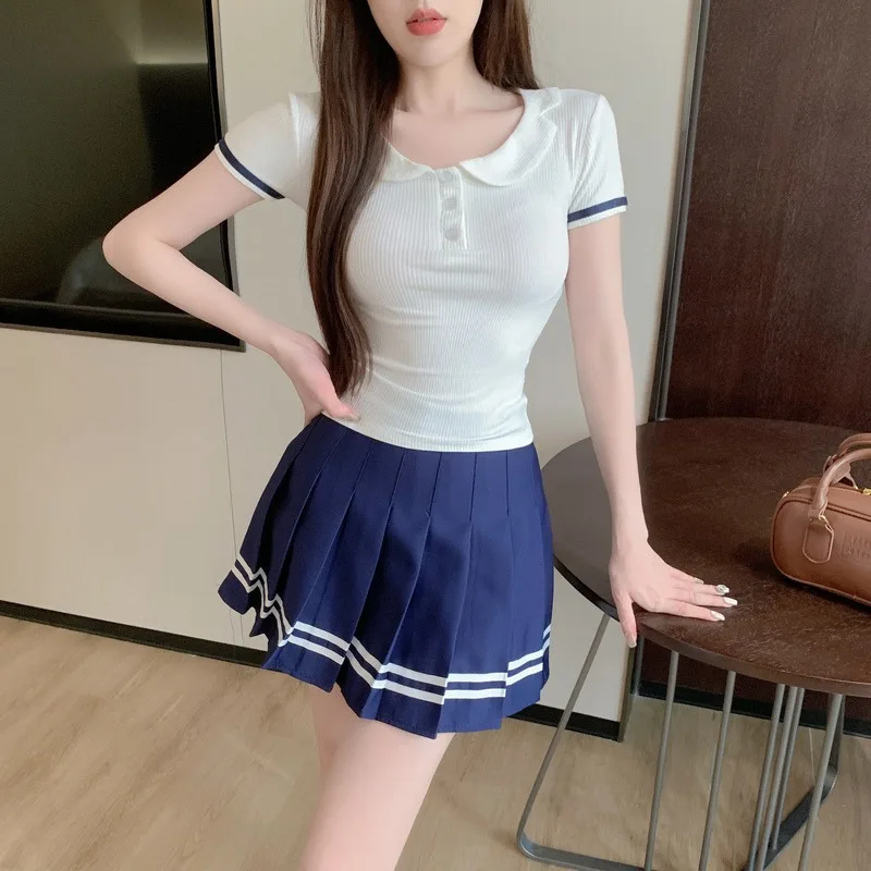 

Preppy Style Suit Women's Summer Color Contrast Lapel T-shirt Top A-line Pleated Skirt Two-piece Set Fashion Female Clothes