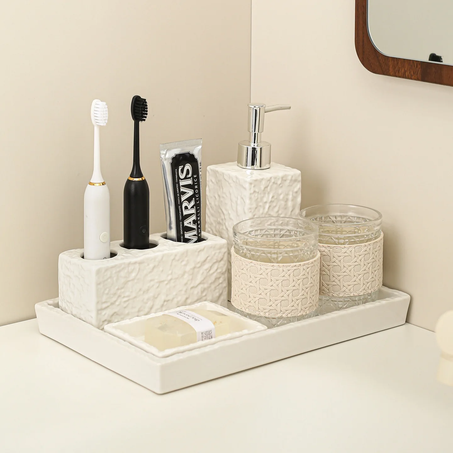 High‑end Bathroom Counter Storage Tray & Toothbrush Holder Set, Stylish Wash Cup Organizer for Sink Area