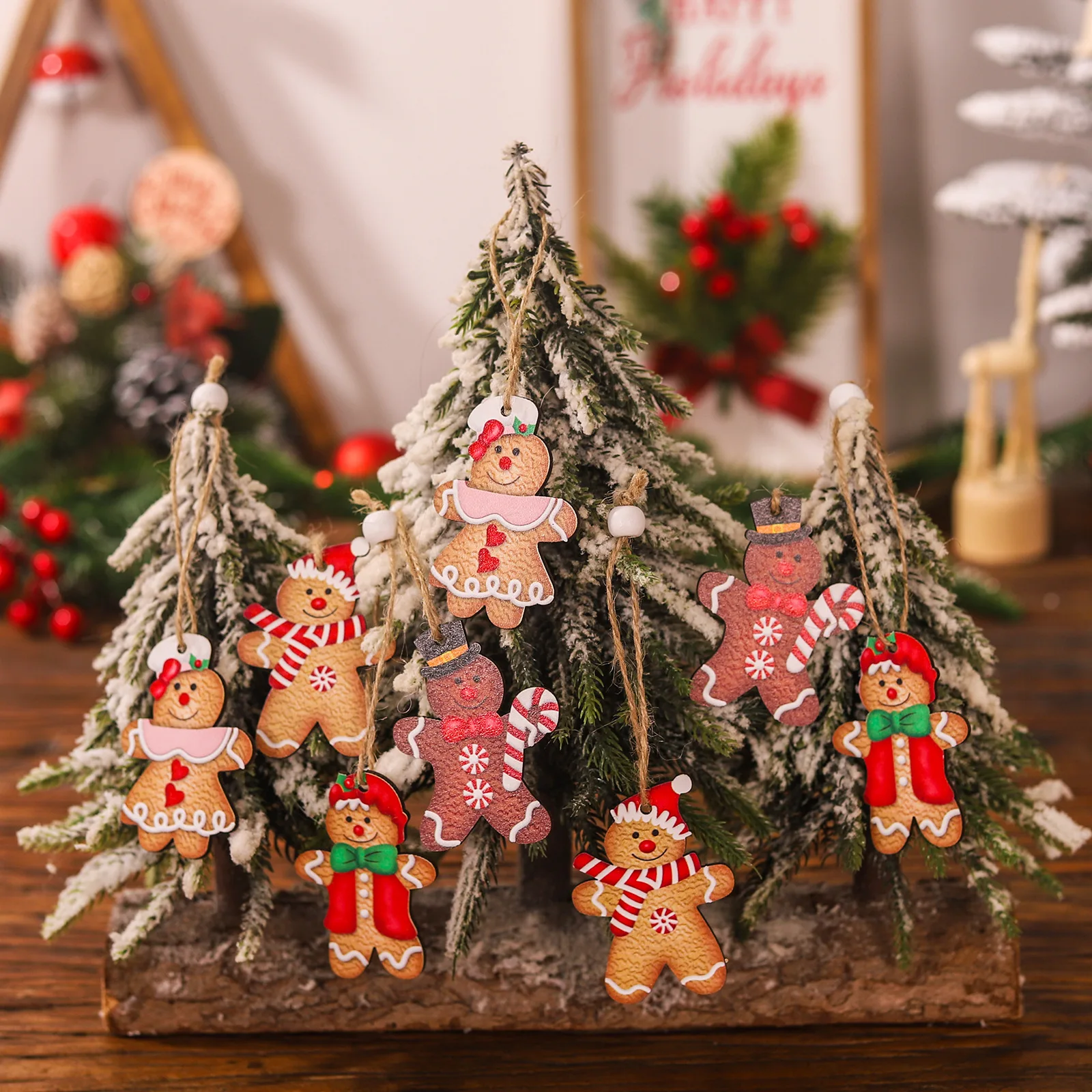 12pcs Christmas Wooden Gingerbread Man Ornaments For Xmas Tree Hanging Pendant Christmas Decoration for Home New Year Navidad