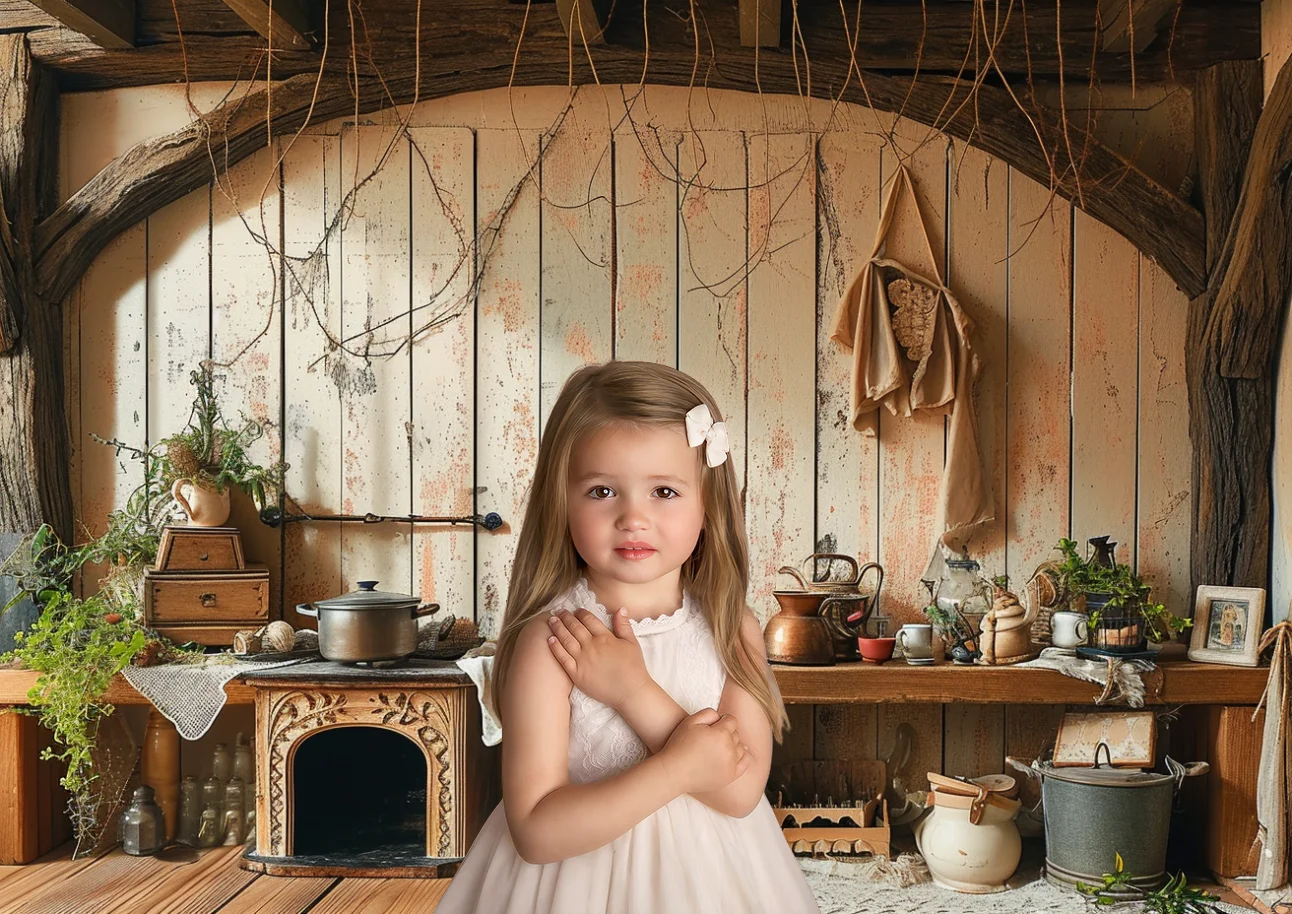 Baby Photography Backdrop Wooden Old Wares Fireplace Light Beige Pastoral Settings Birthday Portrait Background Photo Studio