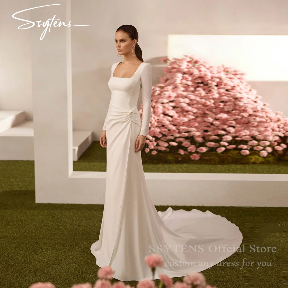 

SSYTENS Civil Long Sleeve Mermaid Wedding Dresses Women Beach White Satin Bridal Evening Gown For Bride Open Back Robe De Mariee