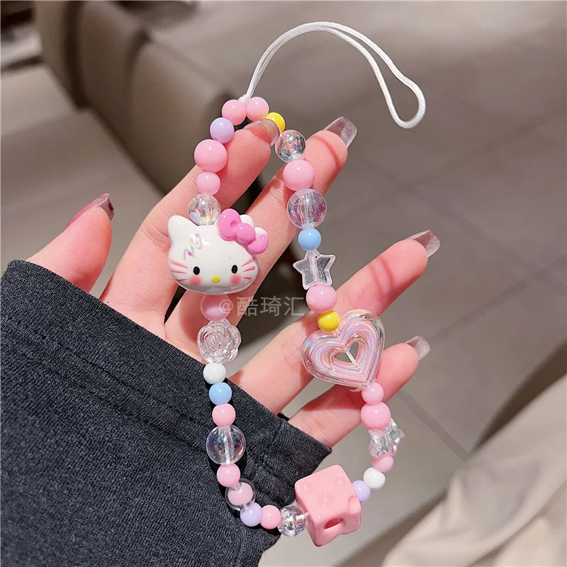 Kawaii Sanrio Hello Kitty Phone Chain Cartoon Anime Pink Series Heart Kt Pendant Ccd Camera Decoration Anti Loss Rope Girls Gift