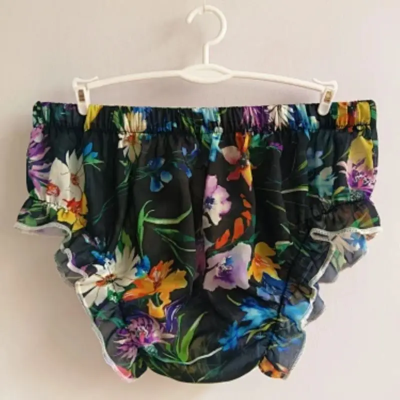 Single Layer Couple's Style Men Women Sheer Sexy Underwear Soft Chiffon Printed Ruffled Crossdressing Panties Comfortable Briefs
