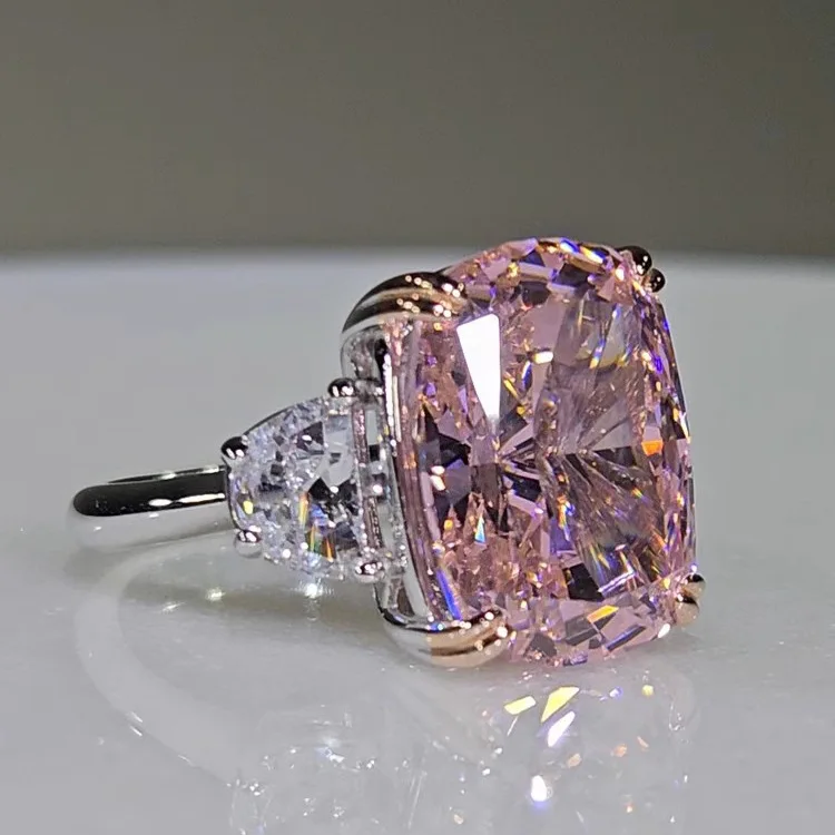 S925 Sterling Silber Ring Mode Leichter Luxus Kissenförmiger Quadratischer Diamantring Hochkarätiger Diamant Rosa Zirkonium Verlobungsring – Detail 3