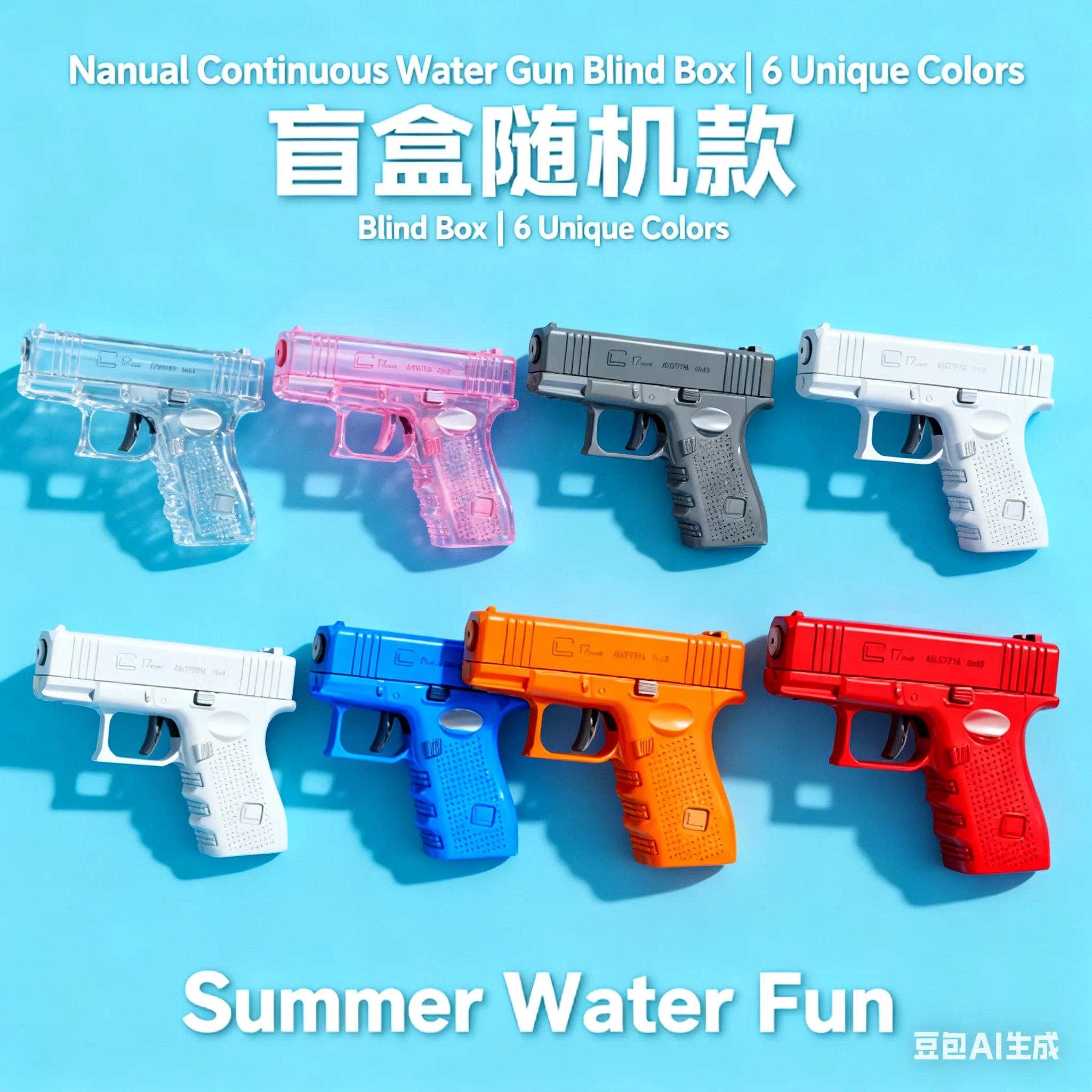 Pistolet à eau en boîte mystère, 6 couleurs uniques, sans duplication, pulvérisation manuelle continue, fête de piscine d'été, jouets de plein air pour la famille