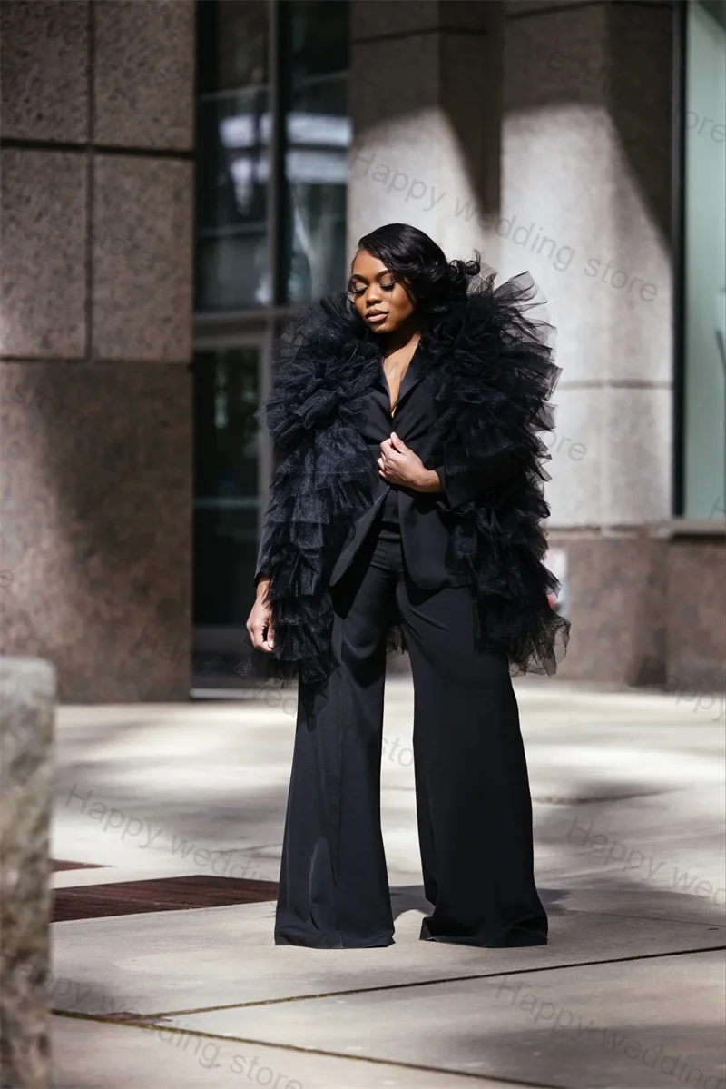 Black Women Pants Suits Set 3 Pieces Tulle Vest+Blazer+Trousers Formal Pageant Wedding Tuxedos Jacket Coat Tailored Party Gown