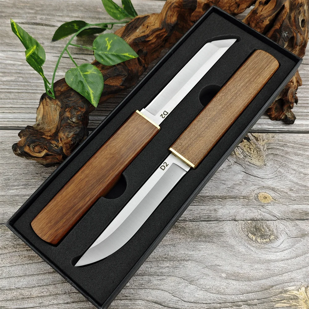 Double Knife Gift Box Tanto and Teardrop Sharp Blade Walnut Handle and Sheath EDC Multifunctional Outdoor Tactical Survival Tool