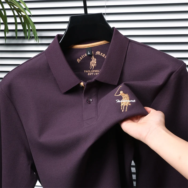 

Men's Polo Shirt Long Sleeved, Heavy Weight Pure Cotton Embroidered Lapel T-shirt Young and Middle-aged Business Brand