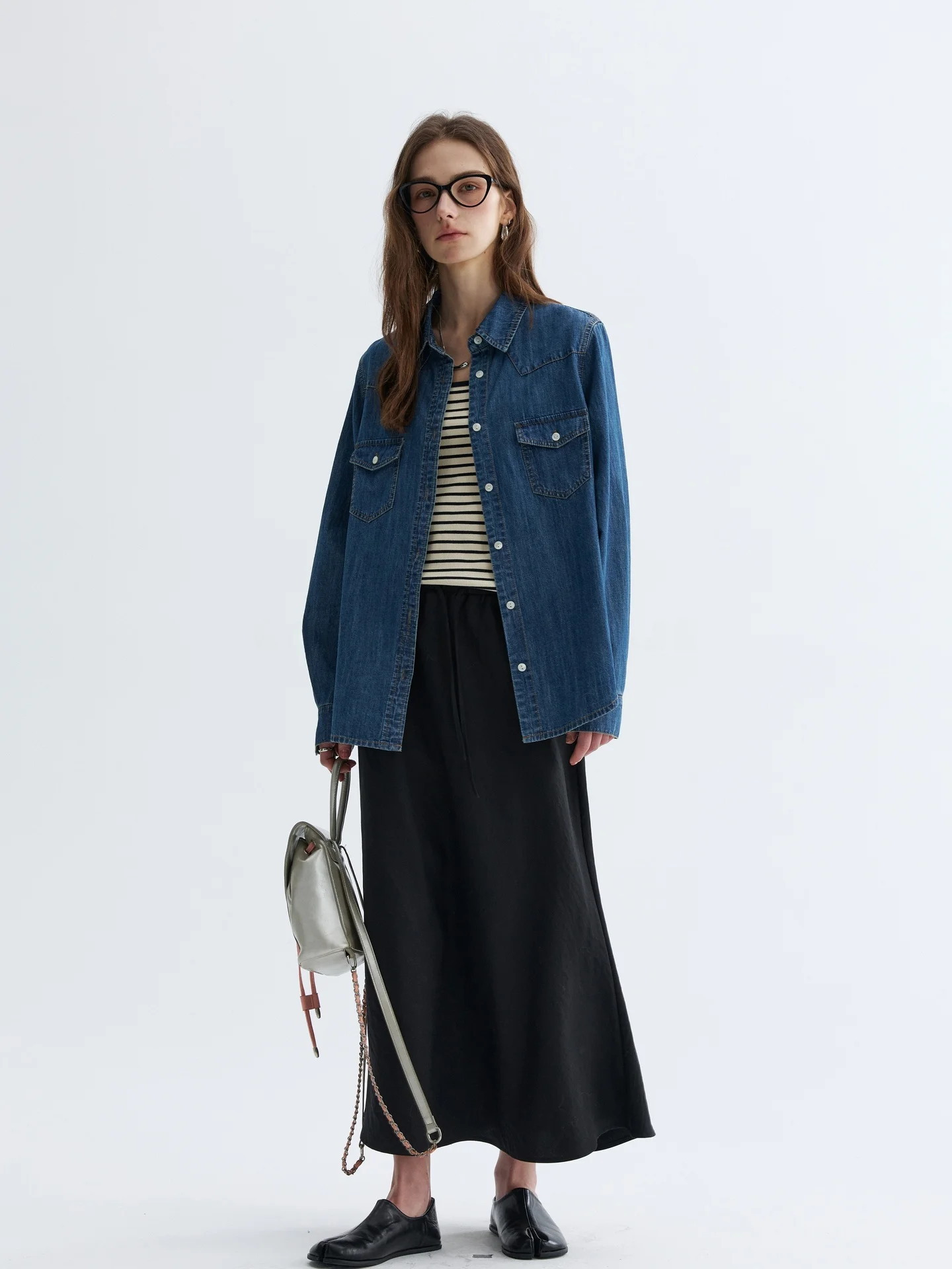 

VAJE Women's Denim Shirt Top Half Skirt Three-Piece Set Early Spring Korean Style Breathable Long Sleeve Loose Fit Fashion Set