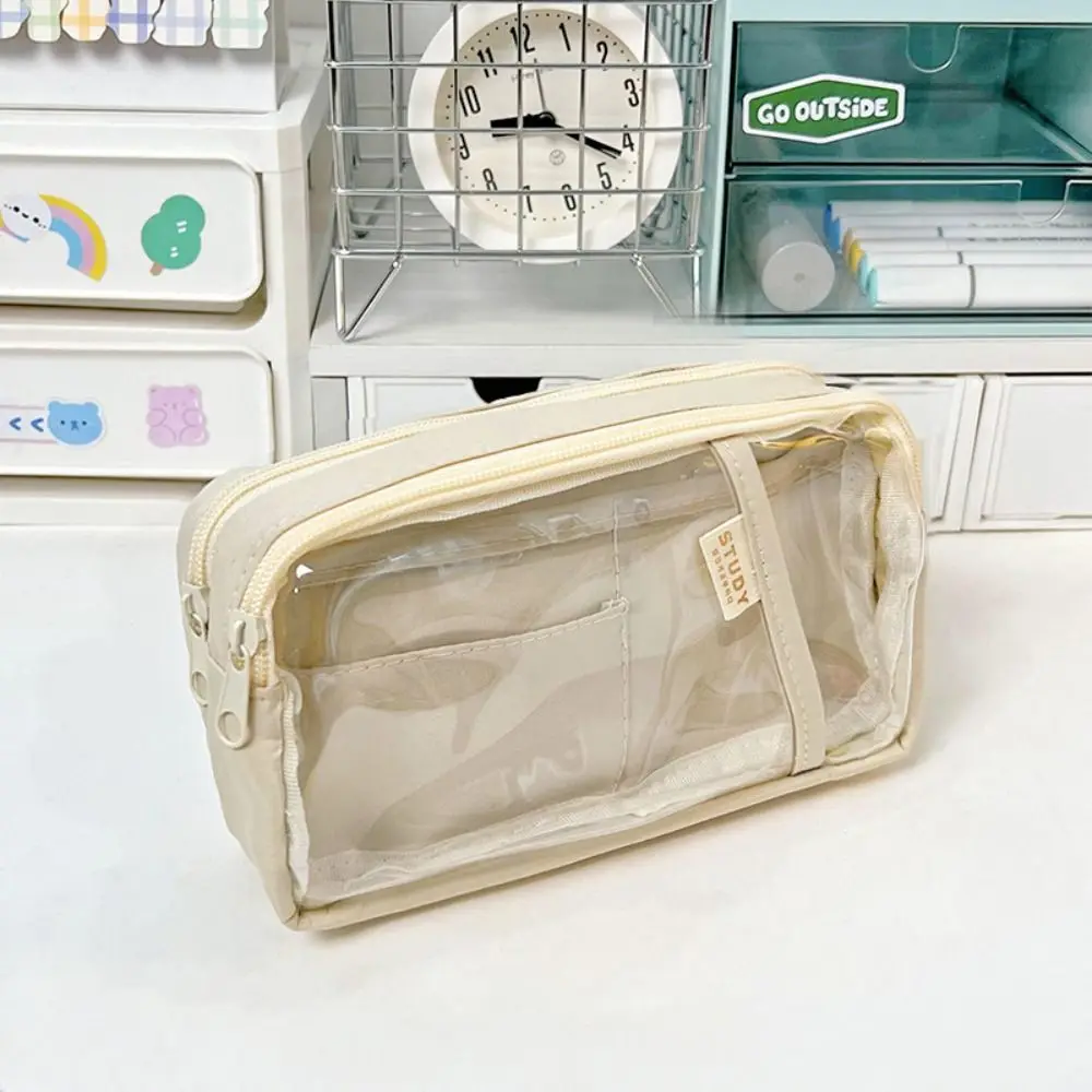 Simple Double-layer Pencil Bag Waterproof Large-capacity Transparent Pencil Bag Multifunctional Candy Color Stationery Bags