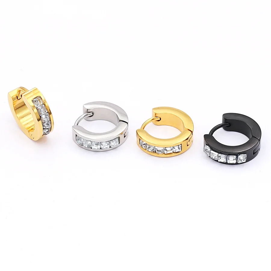 Minimalistisches Edelstahl-Ohrring-Set mit schwarzen Zirkonia für Damen – Huggie- und Helix-Ohrringe, modisches Schmuck-Accessoire, neu im Trend – Detail 4