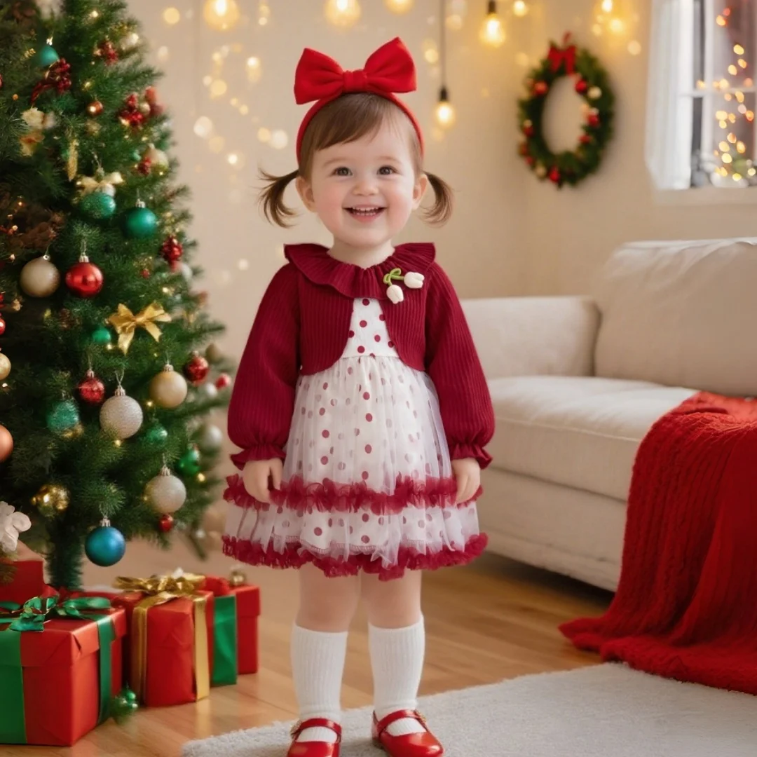 Weihnachtsgeschenk Herbst/Winter Neues Mädchenkleid Süße Tupfen, Mädchenmode Partykleid Kinderkleidung 6 Monate bis 3 Jahre
