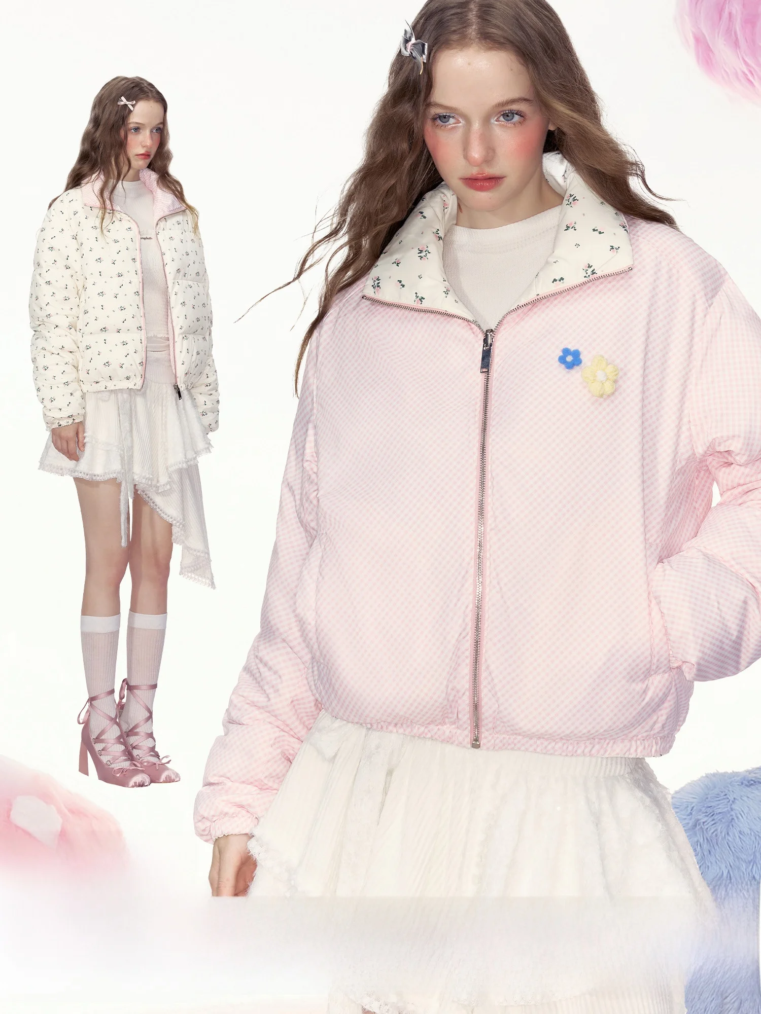 

AYF оригинальный дизайн двойная роза зимняя легкая теплая хлопковая куртка женская двусторонняя одежда в стиле ретро с застежкой-молнией