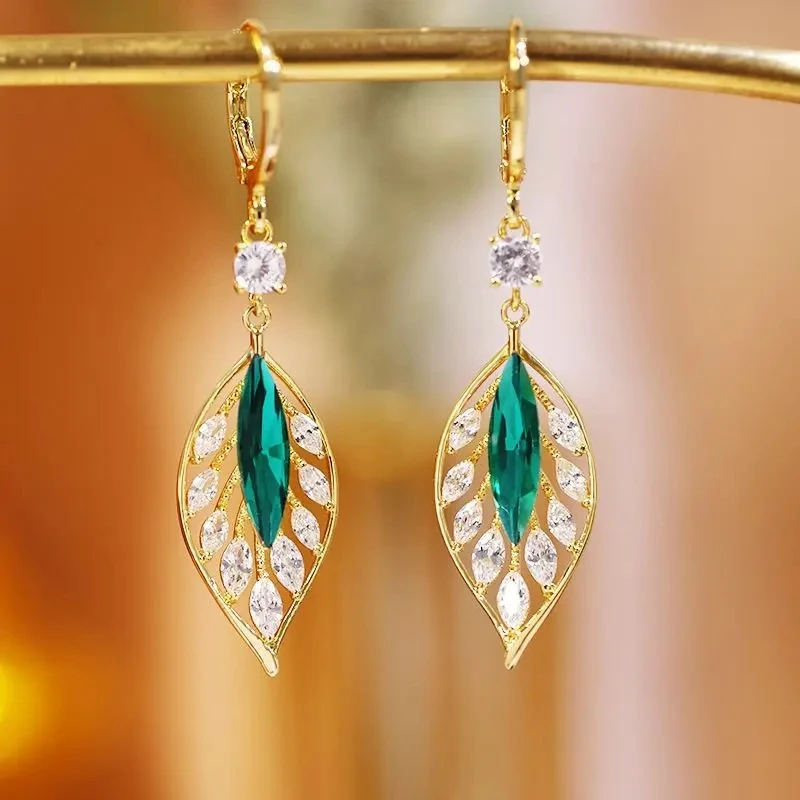 Green Crystal Golden Leaves Earrings for Women Individuality Daily Accessories Valentines Day Anniversary Birthday Jewelry Gifts