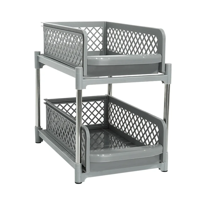 Organizer a 2 strati dal design salvaspazio con cassetti estraibili, armadietto scorrevole per bagno e cucina-ABXK