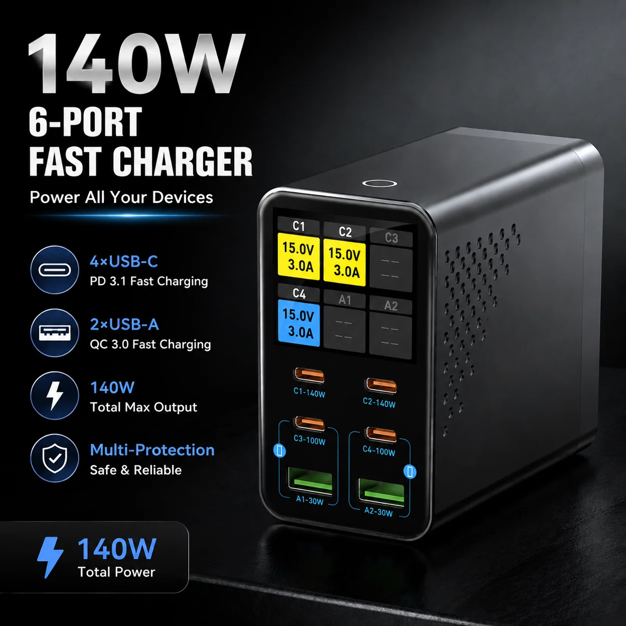 140W 140W GaN Charger Fast Charging Station Digital Display USB Type C PD 6 IN 1 PD Multi-port charger For Laptop Smartphone Tablet - Aliexpress Deal