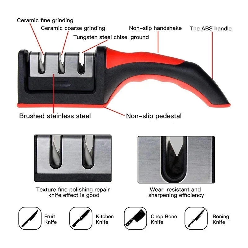 Knife Sharpener Kitchen 3-stage Knife Sharpener Household Multifunctional Handheld Stainless Steel Quick Knife Sharpening Tool