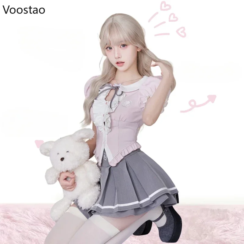 Preppy Style Lolita Skirt Set Women Kawaii Ruffles Peter Pan Collar Shirt Cute Mini Pleated Skirts Suit Female Korean JK Uniform