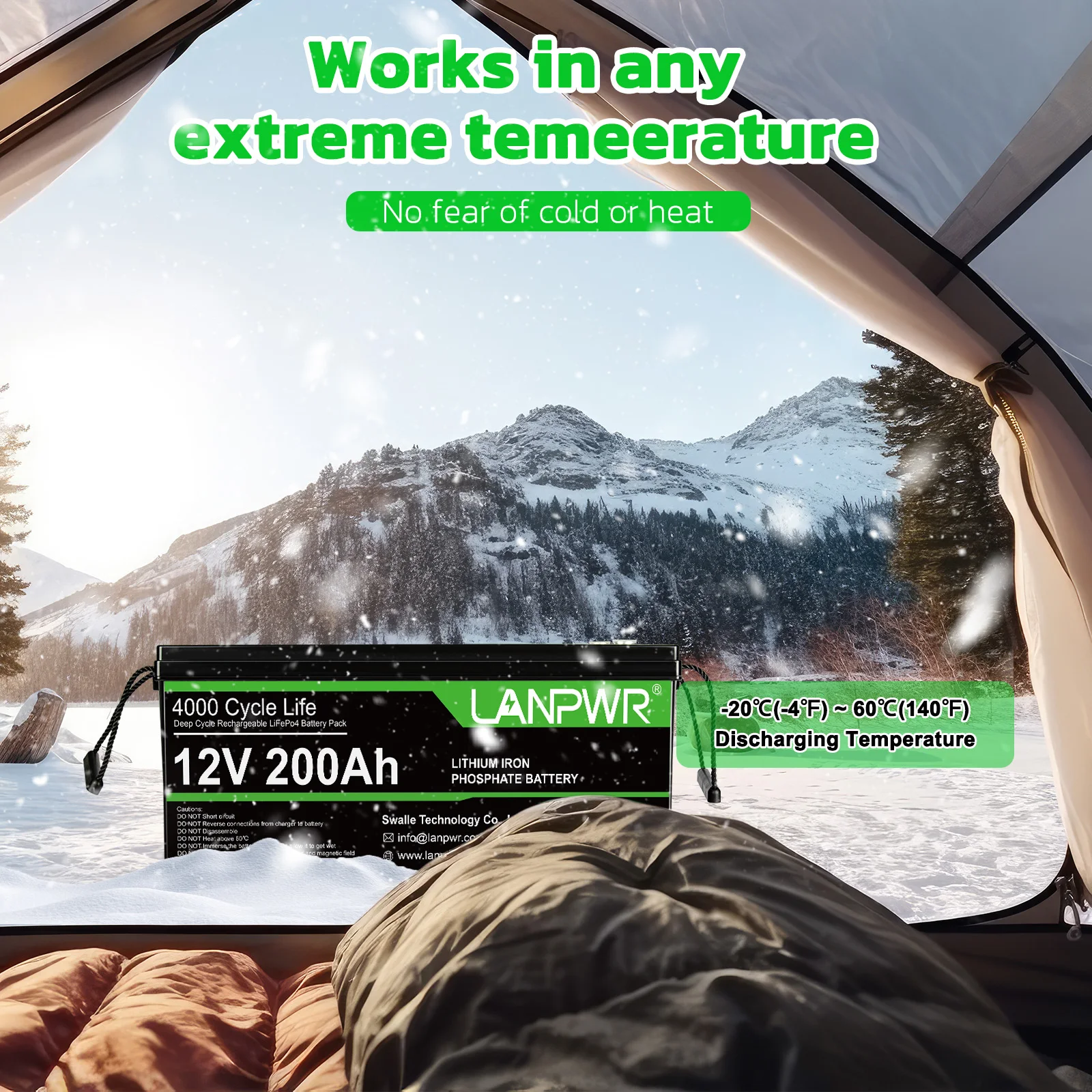 LANPWR 12V 200Ah LiFePO4 Battery 2560Wh Max. Load Power Lifetime 4000+ Cycles RV Camping Trolling Motor Power Solar Power