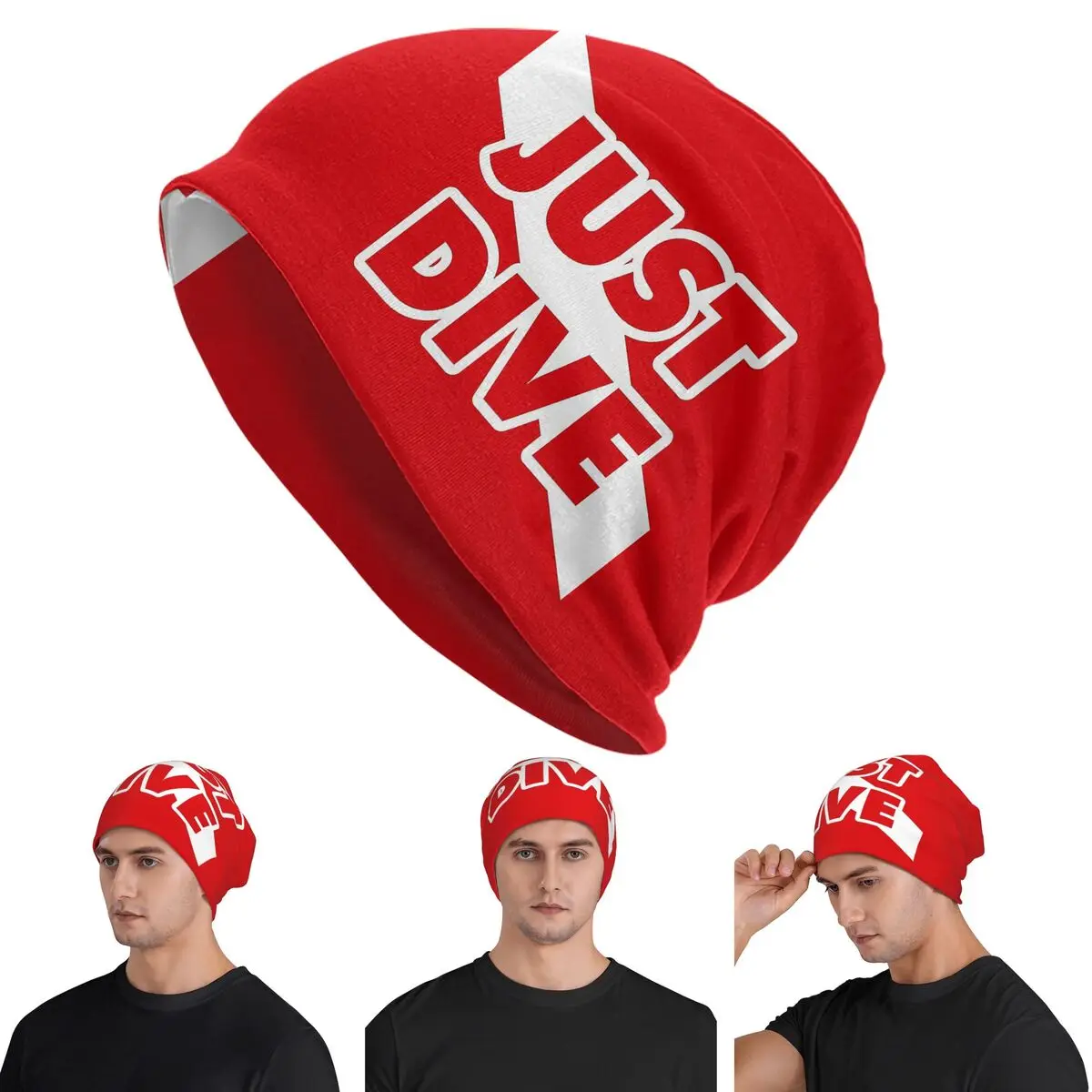 

Just Dive, Scuba Diving Flag Skullies Beanies Hats Warm Autumn Winter Outdoor Cap Knitted Bonnet Caps for Men Women Adult