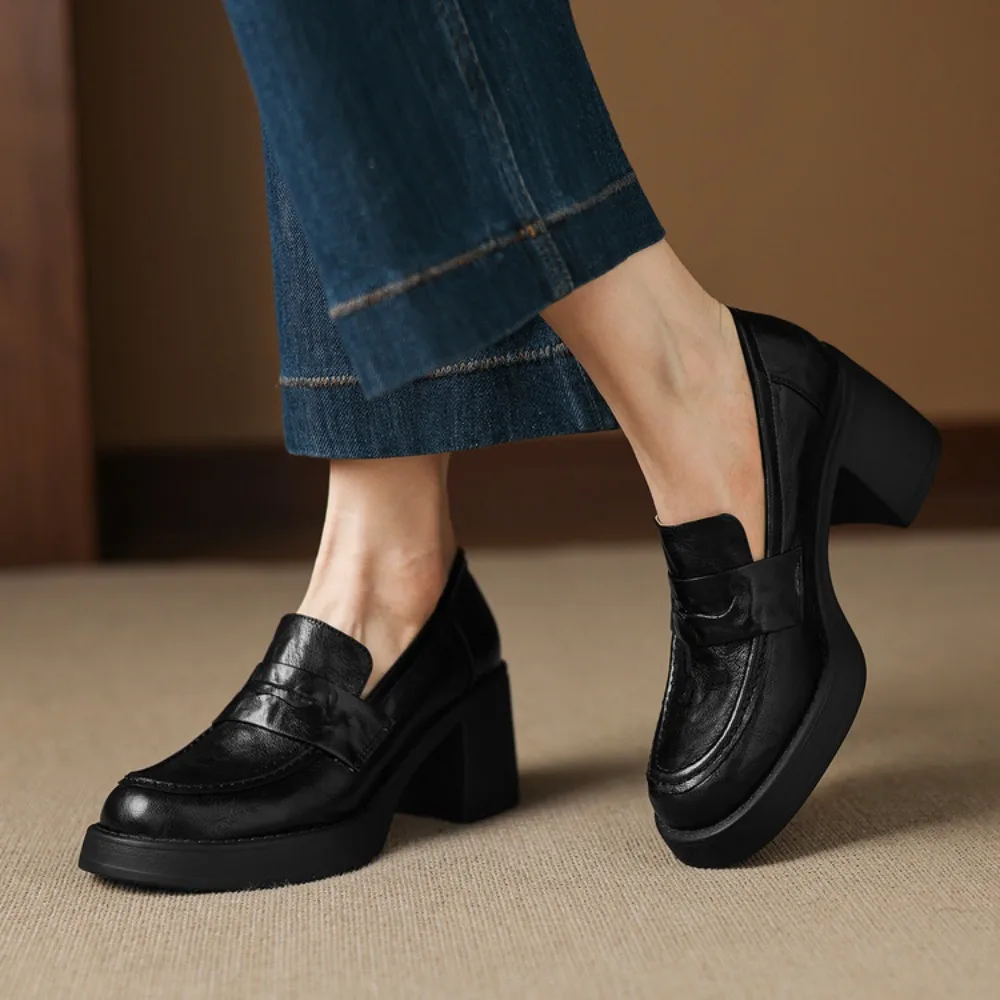 New 2026 Spring Women's Classic Square Toe Genuine Leather Loafers, Mid-Heel Slip-On for Office & Home Youth Casual Wear