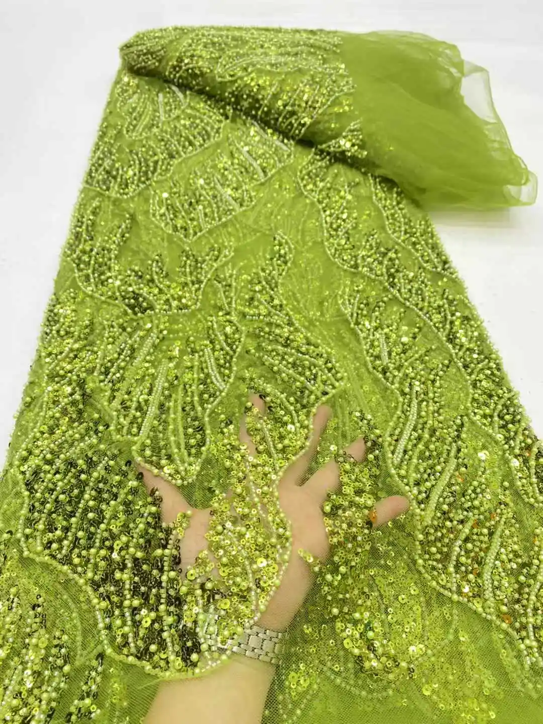 

Thirteen colors French Beaded Sequins Lace Fabric High Quality 5 Yard Mesh Tulle African Nigerian Wedding Dress for Women SZ739